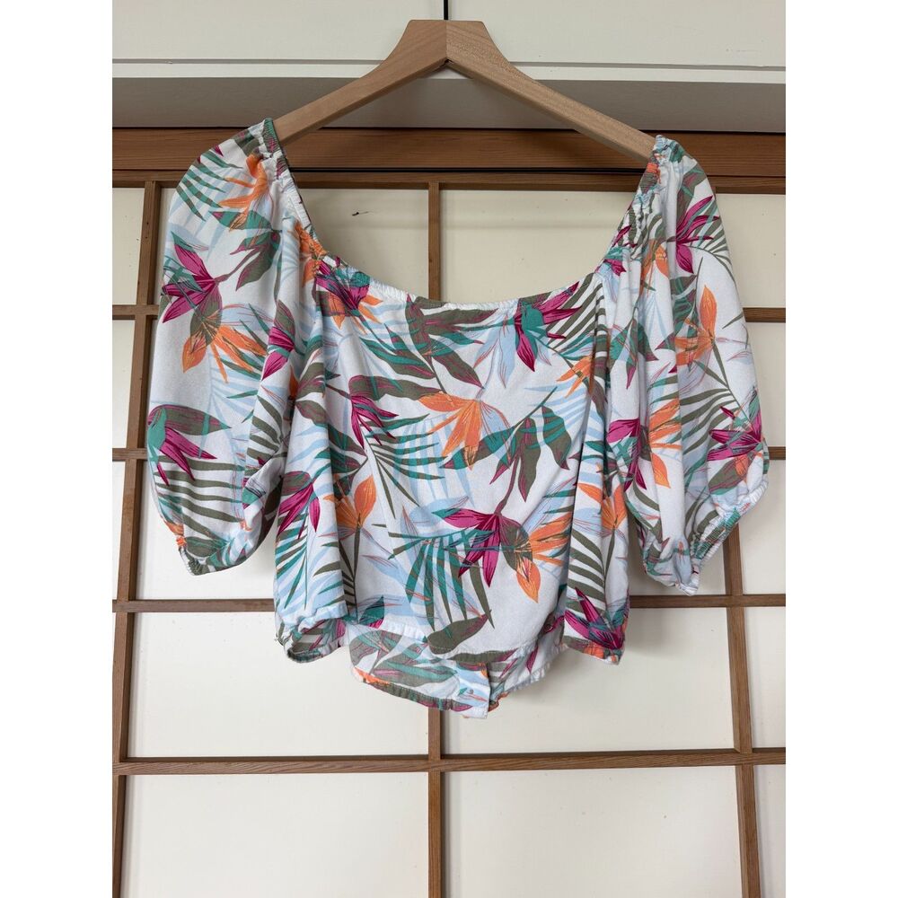Roxy Tropical Floral Puff Sleeve Crop Top XL Square Neck Button Front